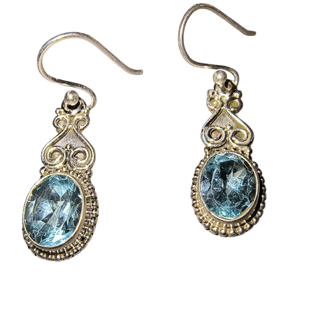 Blue Topaz and Sterling Silver Embellished Dangle Earrings Brand New